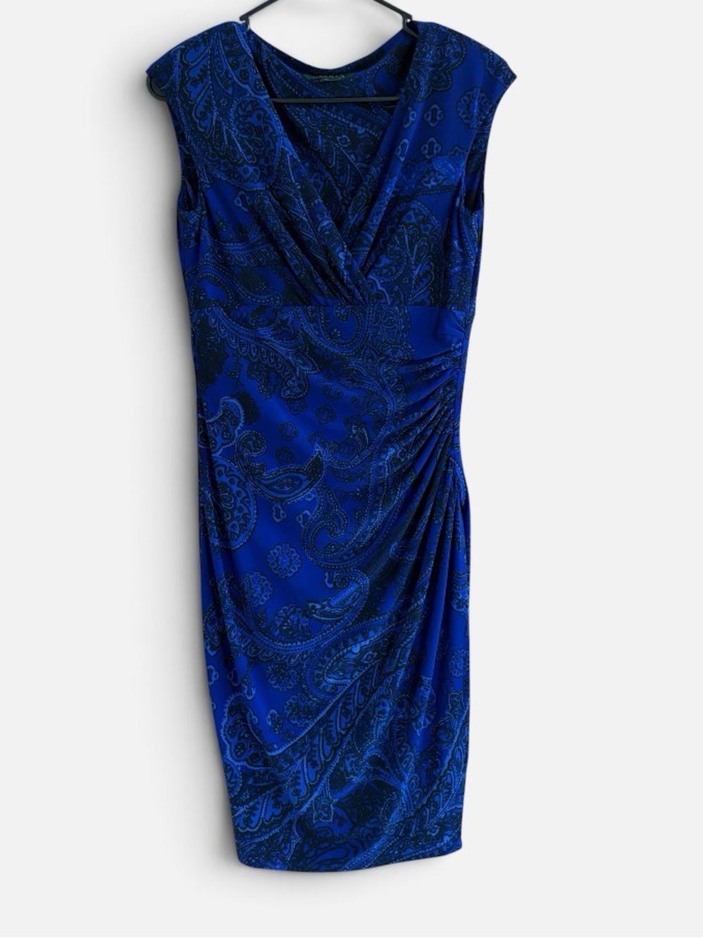 Lauren Ralph Lauren Blue Paisley Faux Wrap Ruched Sheath Dress Size 4